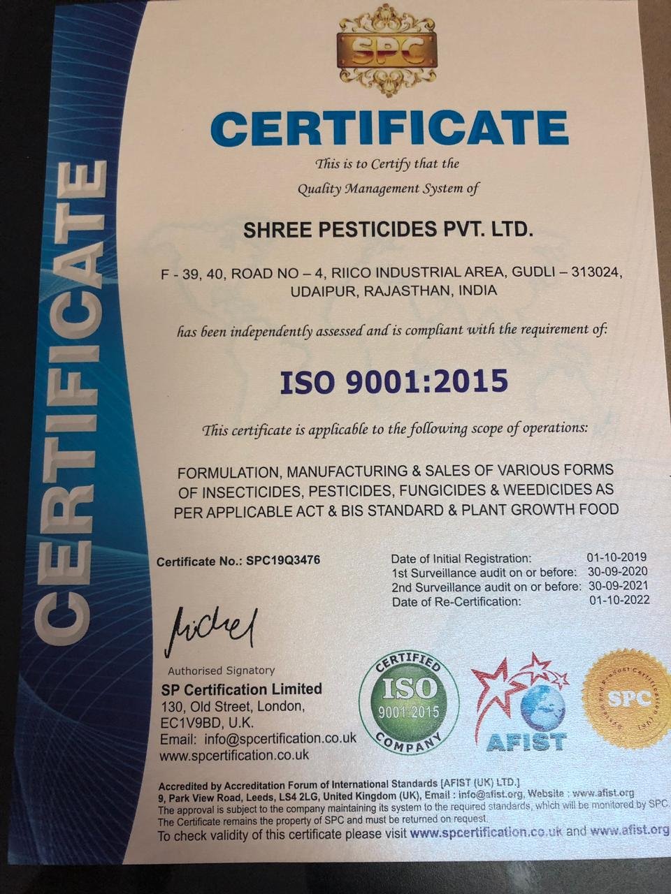 Certificates Shree Pesticides
